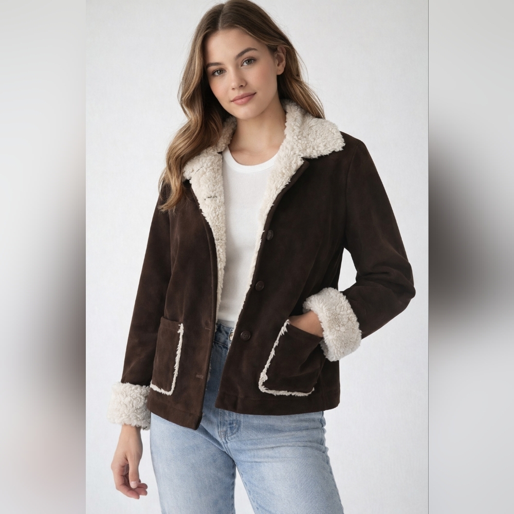 Faux Suede Shearling Sherpa Jacket Western Gothic / Cowgirl Cabin core